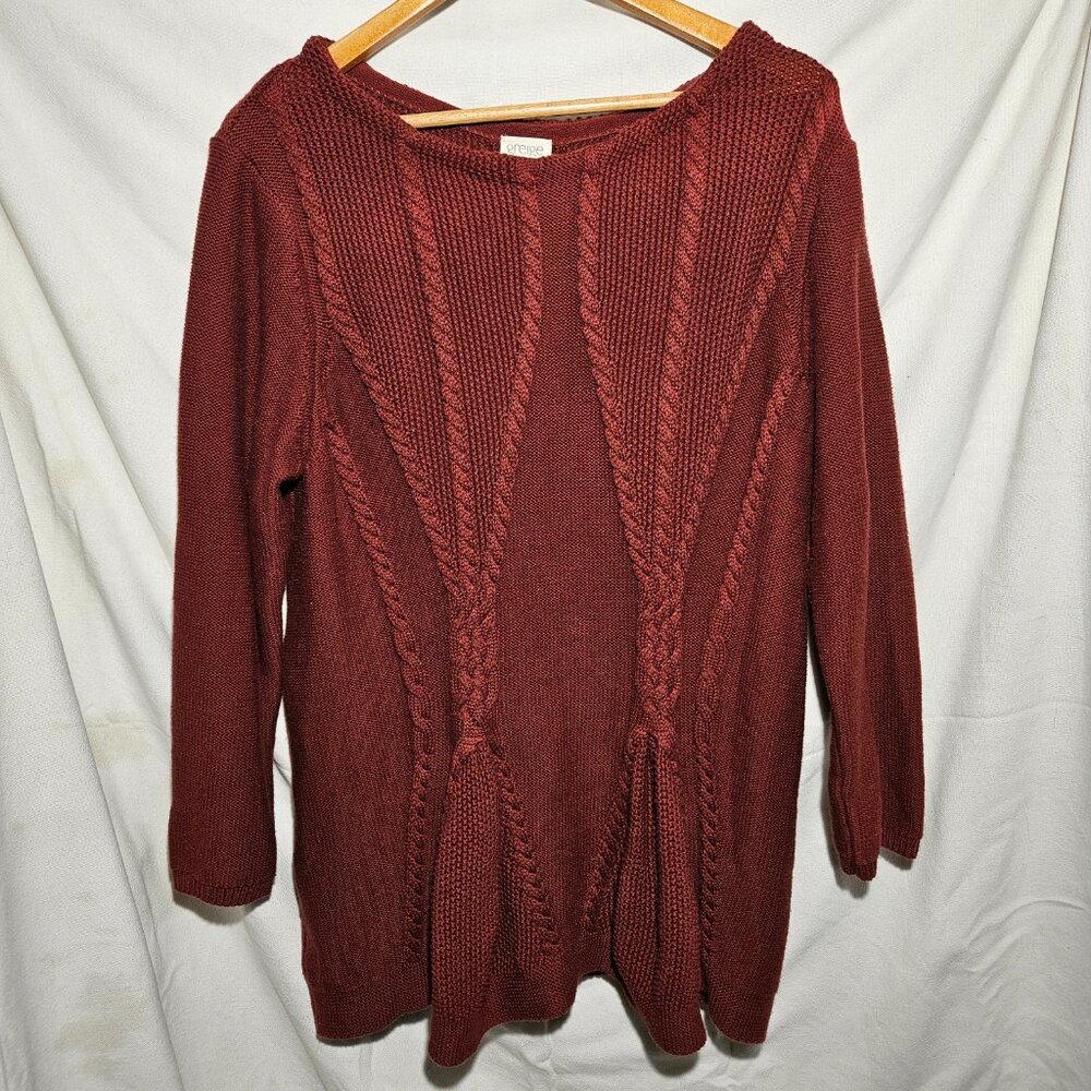 Greige Burgandy Peplum Cable Knit Sweater fits like a Large